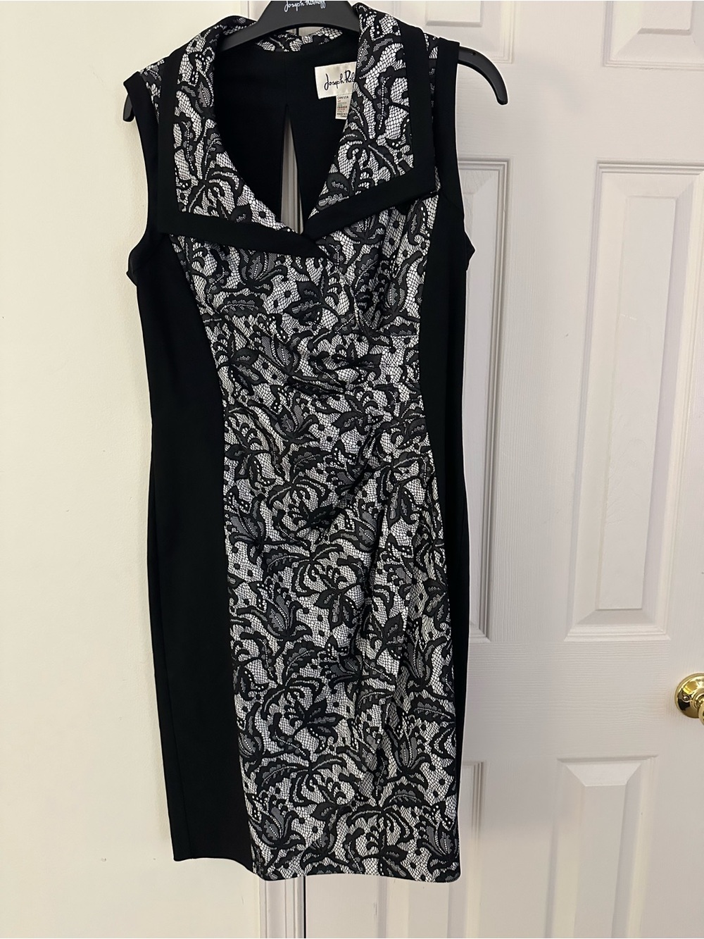 Joseph Ribkoff Black and White Lace-Print Sheath Midi Dress